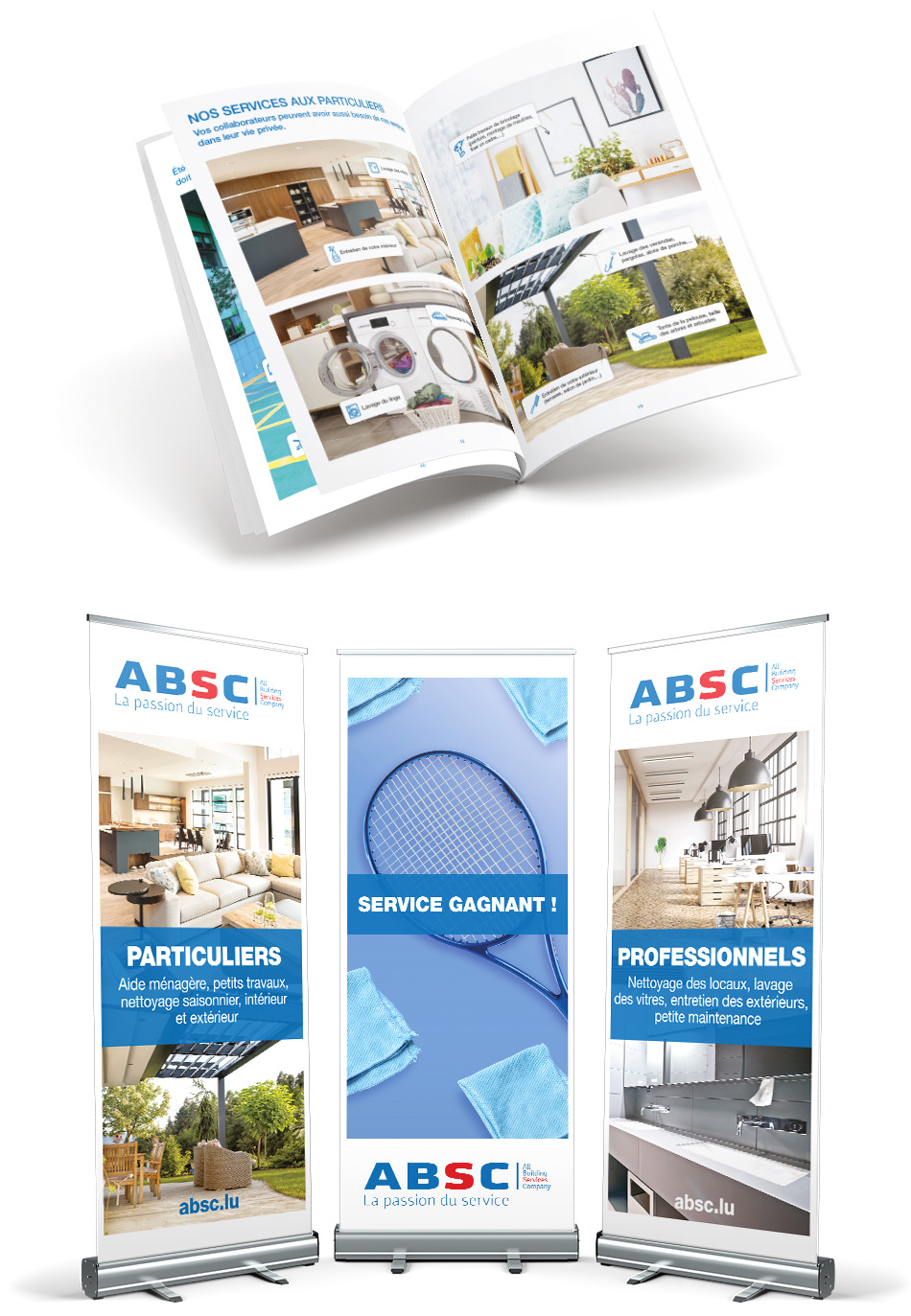 Catalogue ouvert et 3 Kakemonos.