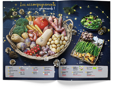 Un catalogue ouvert sur une ambiance de légumes frais.