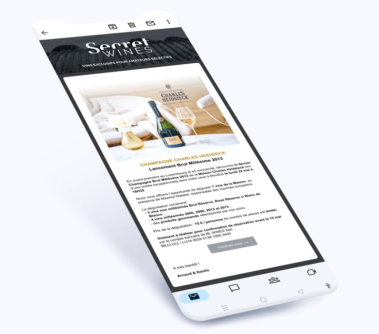 Téléphone avec une campagne email secret wines